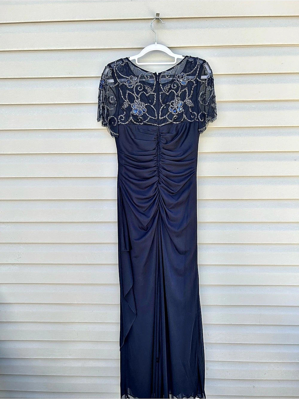 Navy Lace Overlay Ruched Maxi Dress Like New